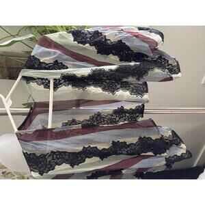 Babette Women's 100% Silk Striped Shawl Top Black Lace Trim Size Small